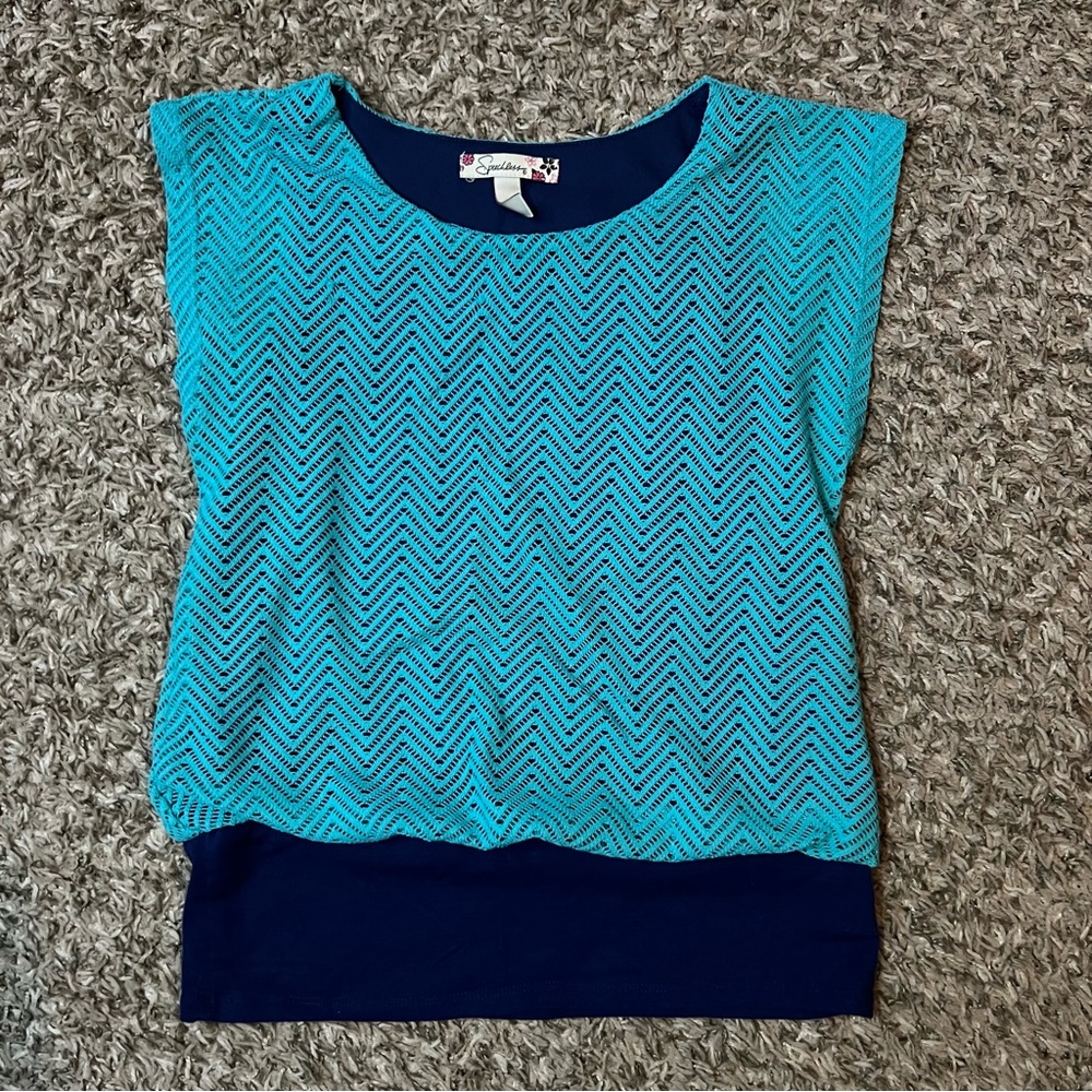 Speechless Y2K M Womens Teal Navy Blue Chevron Overlay Top Shirt Medium